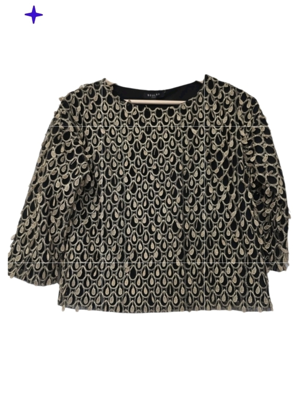 Beulah Womens Blouse Black Gold Teardrop Embellished Top Evening Small NWT Party